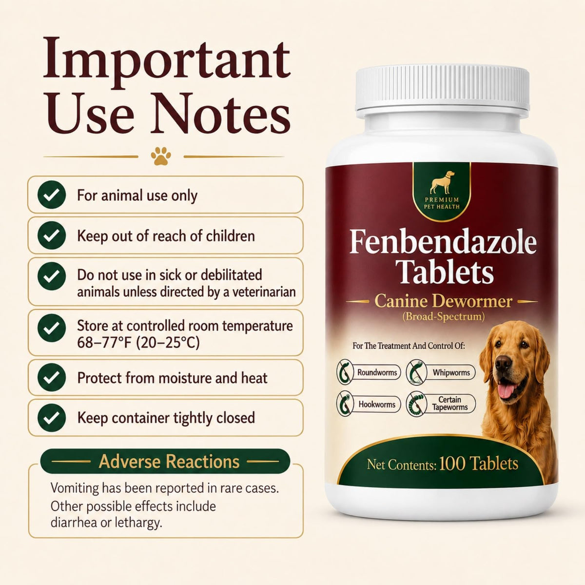 Canine Dewormer for Dogs (fenbendazole),for Treatment and Control of Tapeworms, Roundworms, Hookworms and Whipworms,100 Tablets, 100 mg per Tablet, Oral Tablets with Weight-Based Directions