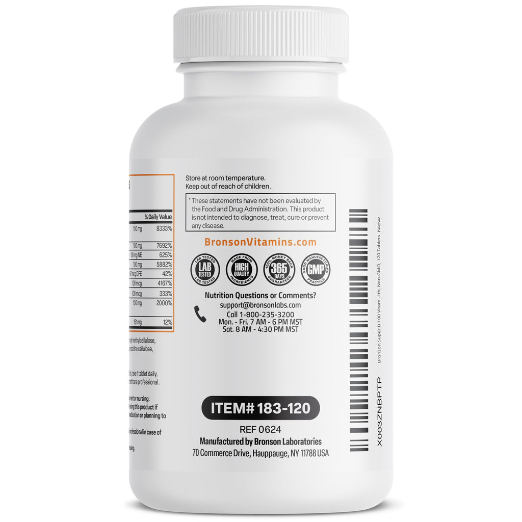 Bronson Super B100 Vitamin B Complex Sustained Release, 120 Tablets | B1, B2, B3, B6, Folic Acid, B12, Biotin & Pantothenic Acid, Energy & Nerve Support, Non-GMO, Gluten-Free & Soy-Free