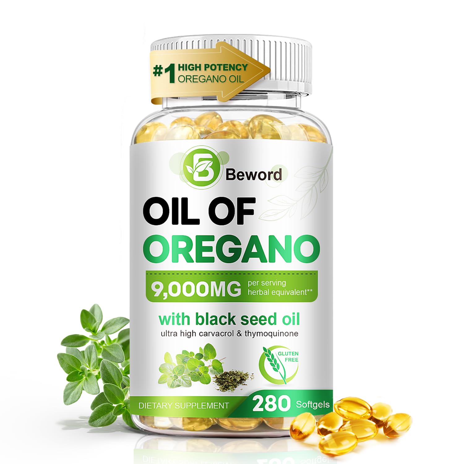 BEWORD Oil of Oregano with Black Seed Oil, 560 Softgels, 9000mg Per Serving | 2-in-1 Oregano Supplement for Immune Health with High Carvacrol & Thymoquinone | Plant-Based, Non-GMO
