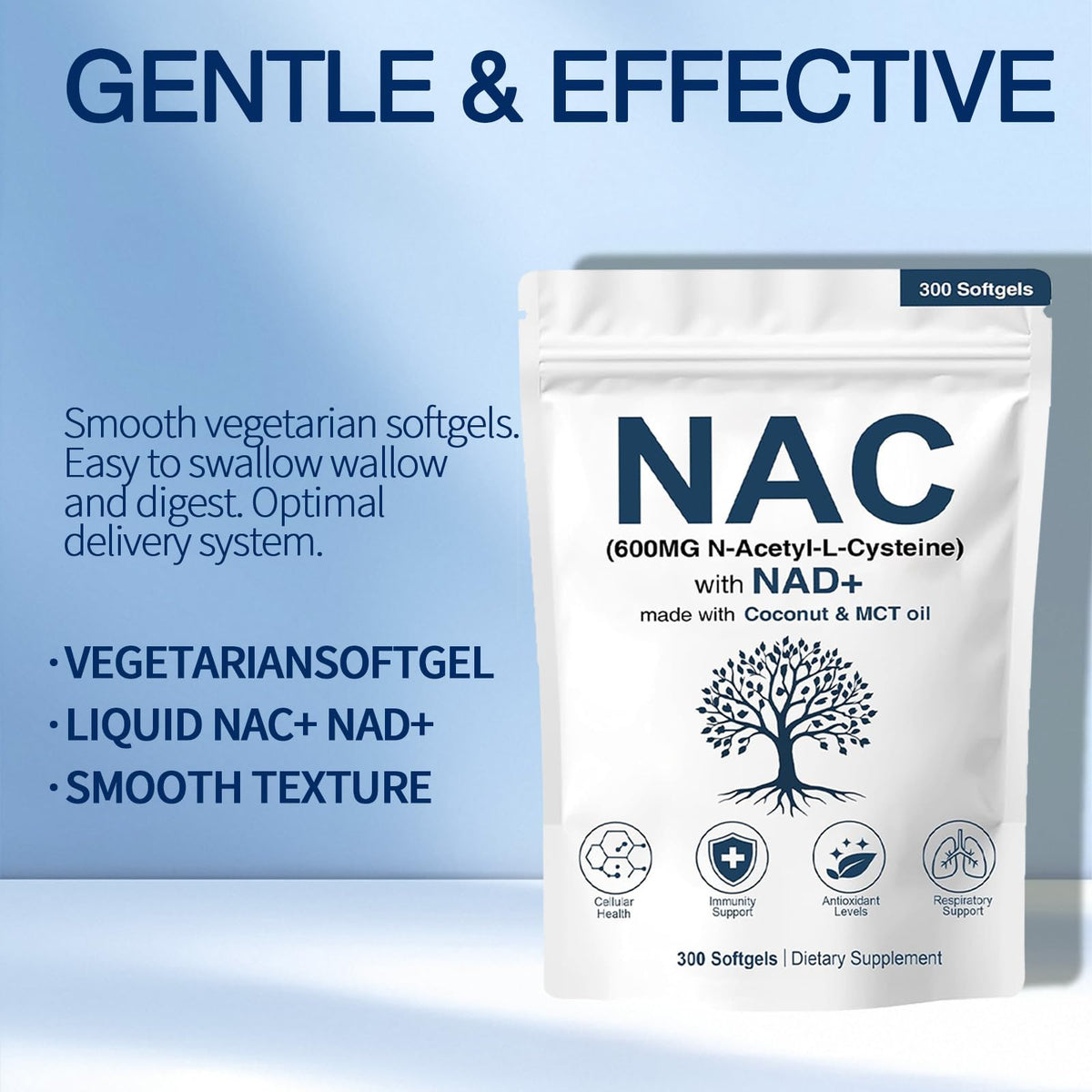 NAC 600mg Non-GMO, Gluten Free,Organic NAC Supplement N-Acetyl Cysteine Capsules with NAD+ for Cellular & Lung Health, 300 Softgels