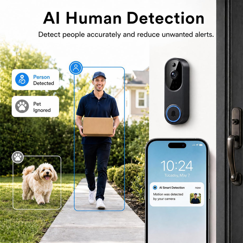 Video Doorbell Camera, Wireless Security Camera, 1080p, Battery Powered, AI Motion Detection, Night Vision, Two-Way Audio, Cloud Storage, 2.4 GWi-Fi, for Visitor, Baby Monitor