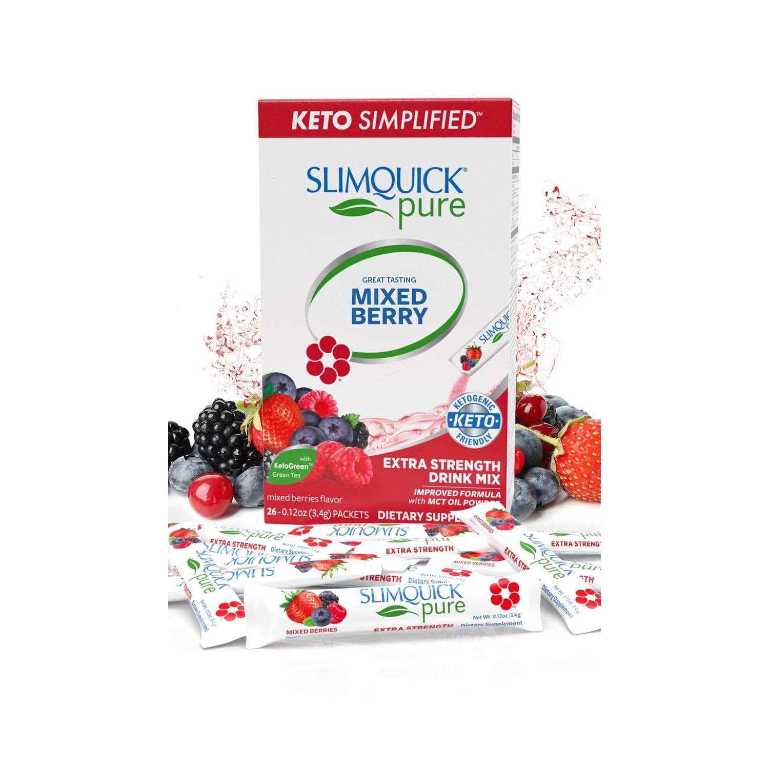 SlimQuick Pure 3X Extra Strength Drink Mix for Women, Achieve Weight Goals | Helps Metabolism & Fat Breakdown, Keeps Full for Longer, Green Tea, Caffeine, Chaste Tree, Rhodiola, Mixed Berry, 26 Ct