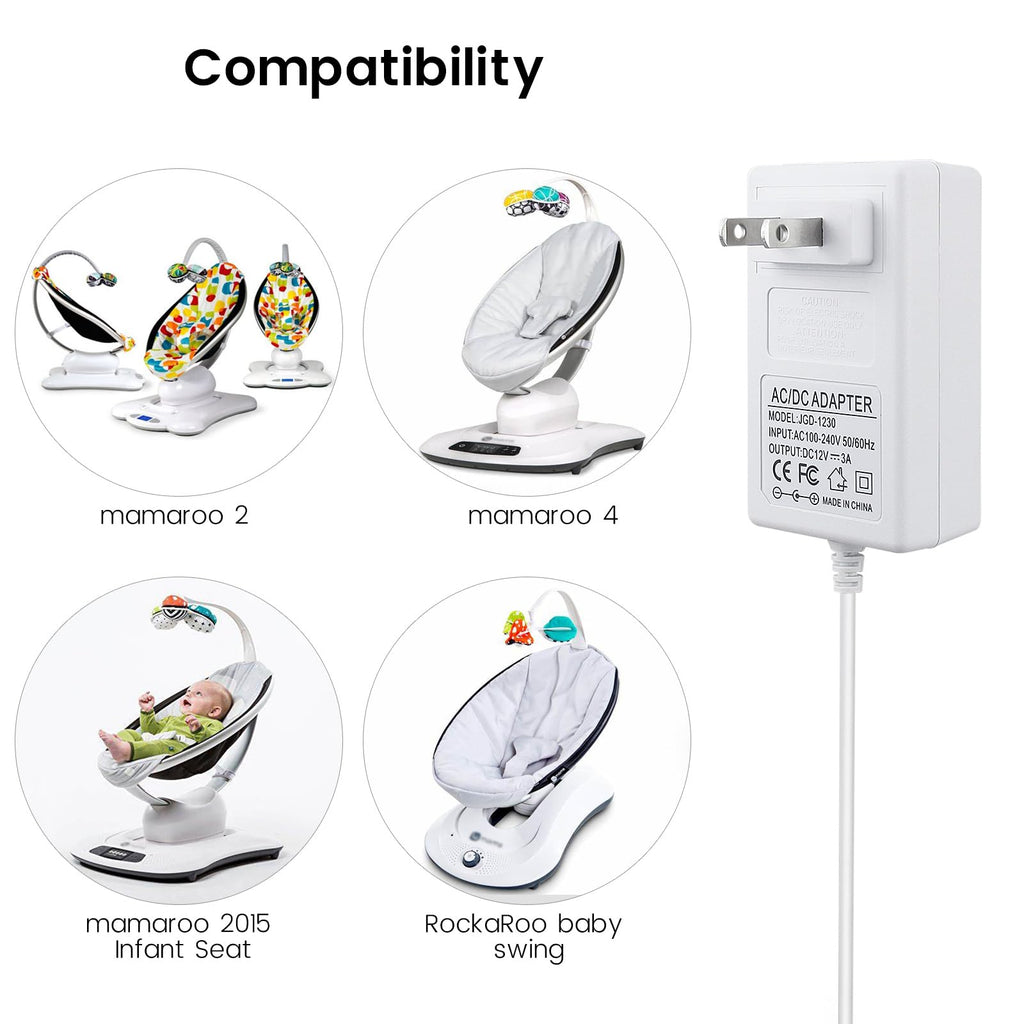 10ft Power Cord for 4moms mamaRoo 4, 12V 3A Charger for RockaRoo Baby Swing