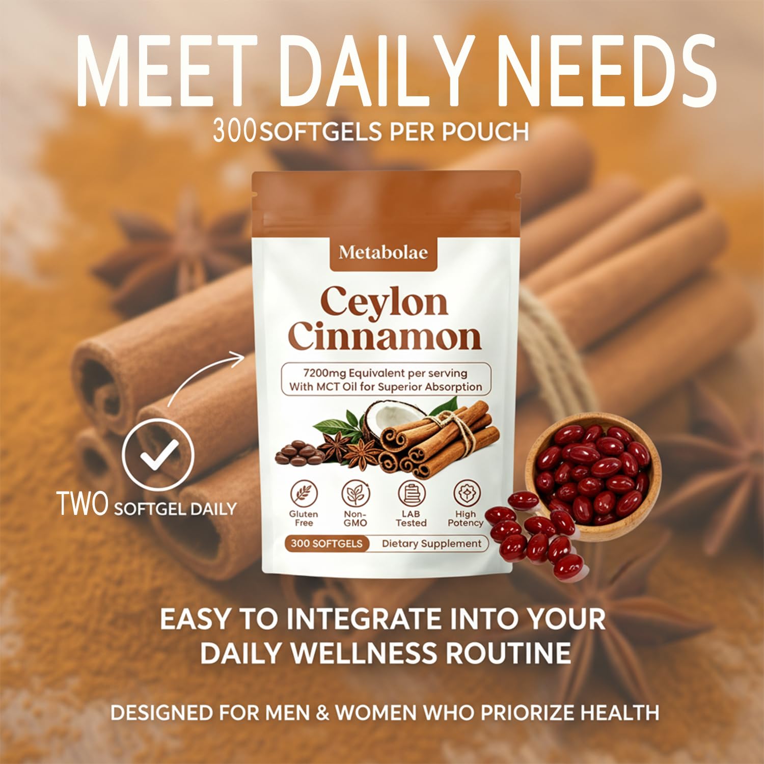 Metabolae Ceylon Cinnamon Extract Capsules with MCT Oil, 300 Softgels, 12:1 High Potency Extract, True Cinnamon Supplements, Non-GMO & Gluten Free, Easy-to-Swallow, Vegan Friendly