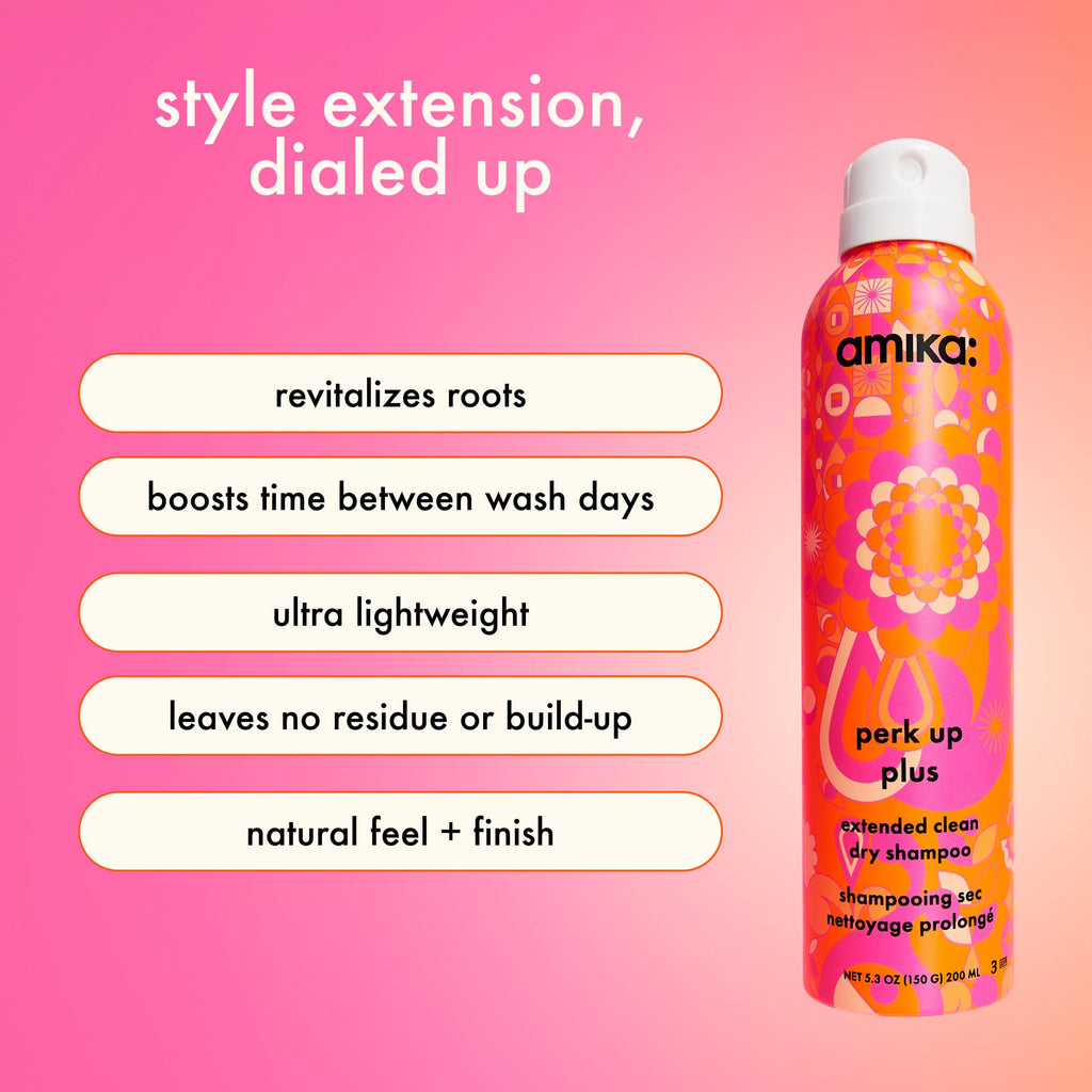 amika perk up plus extended clean dry shampoo | lightweight + buildable, extend time even further between wash days, invisible finish + no white residue, for all hair types
