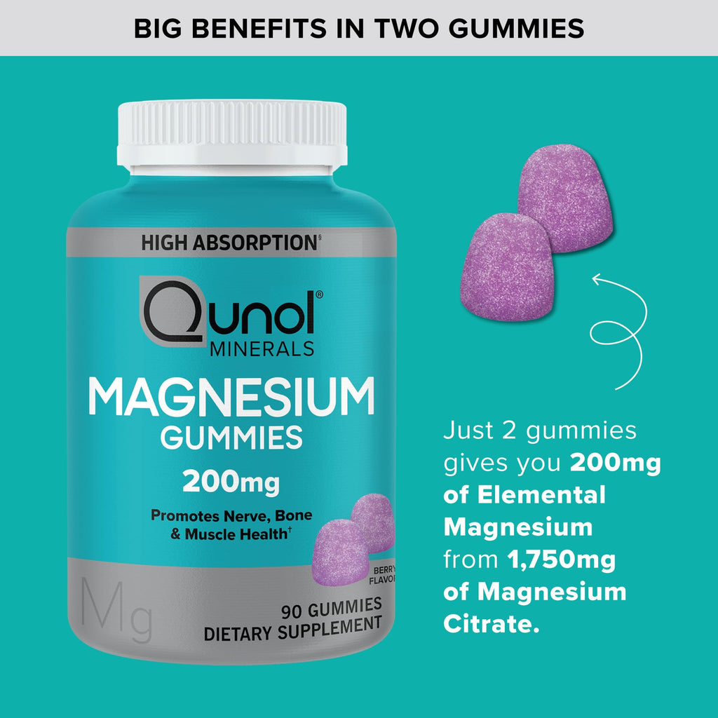 Qunol Magnesium Citrate Gummies 200mg, Vegetarian, Gluten-Free, 120ct | Support Nerve, Bone & Muscle Health, Cognitive Performance, Positive Mood, Healthy Stress Response, Restful Sleep; Non-GMO