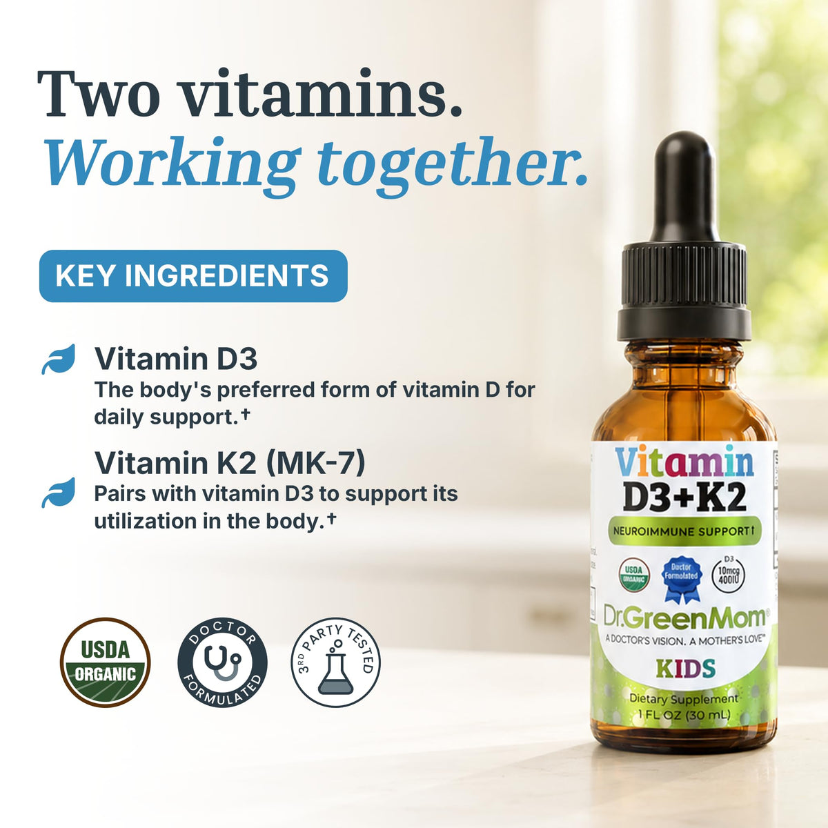 Dr. Green Mom Liquid Vitamin D 3 K2 Drops — Babies & Kids — Organic, 400 IU