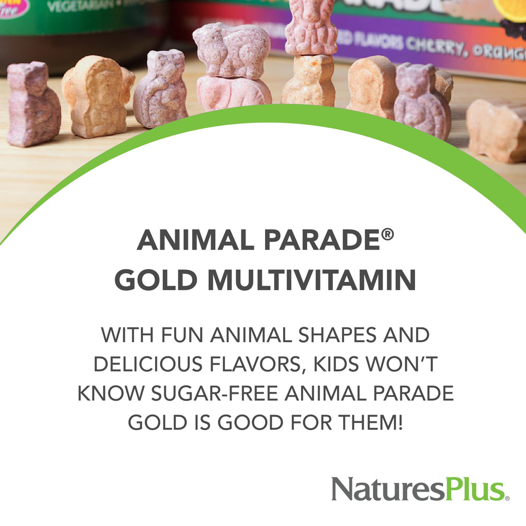 NaturesPlus Animal Parade Gold Children's Multivitamin - Assorted Cherry, Orange & Grape Flavors - 120 Chewable Animal-Shaped Tablets - Vegetarian, Gluten Free - 60 Servings