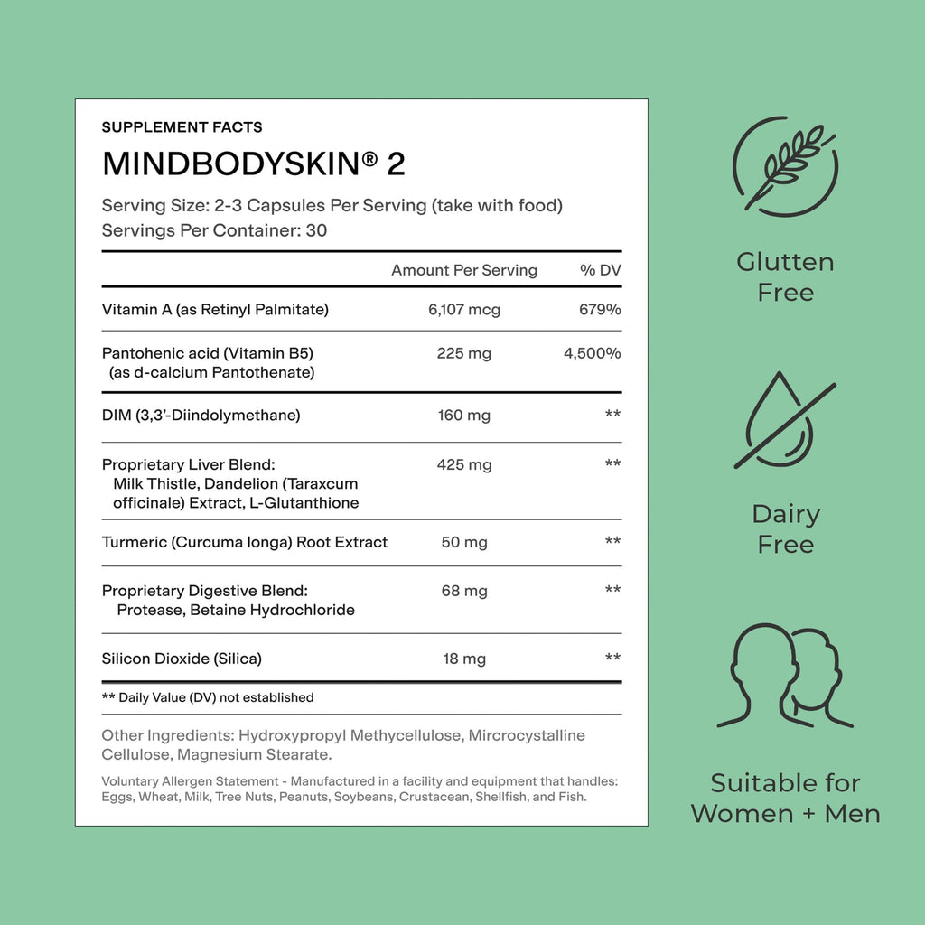 CLEARSTEM - MINDBODYSKIN Hormonal Acne Supplement (No 5-HTP) - Natural DIM Supplement - Skin Care Vitamins - Hormone Balance, Antioxidants - Gluten Free, Cruelty Free - 30 Servings, 90 Capsules