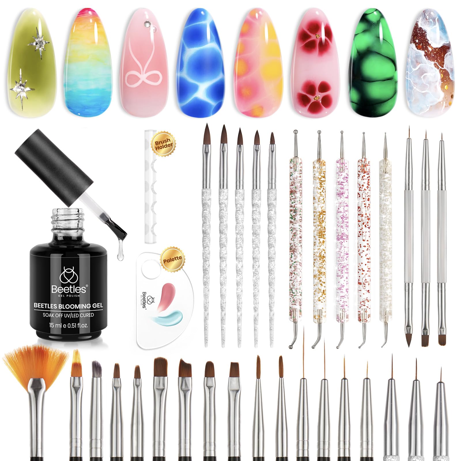 Beetles Acrylic Nail Brush Set, 3Pcs Size 6/10/14 for Acrylic Powder | Includes 3 Size Brushes with a Steel Cleaning Comb for Acrylic Powder Application, Extensions, and 3D Carving DIY Nail Art