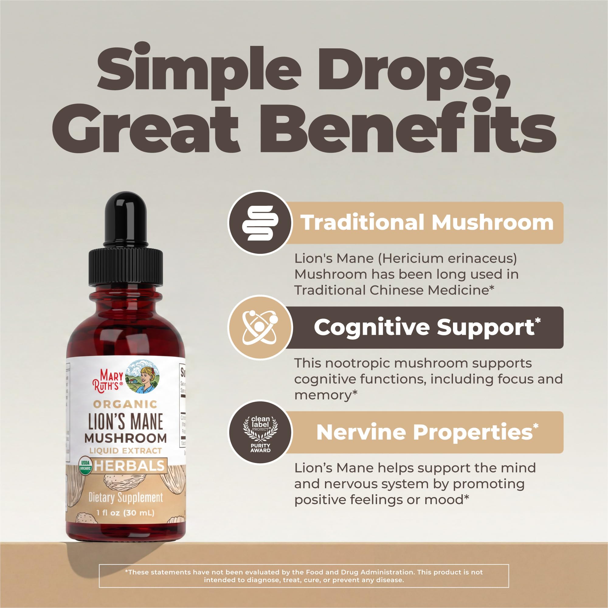 MARYRUTH'S Lions Mane Mushroom Supplement Liquid Drops 1 Fl Oz, Non-GMO | USDA Organic Lions Mane Extract 1,180mg, Nervine Herbal, Brain Health, Focus & Memory, Non-GMO
