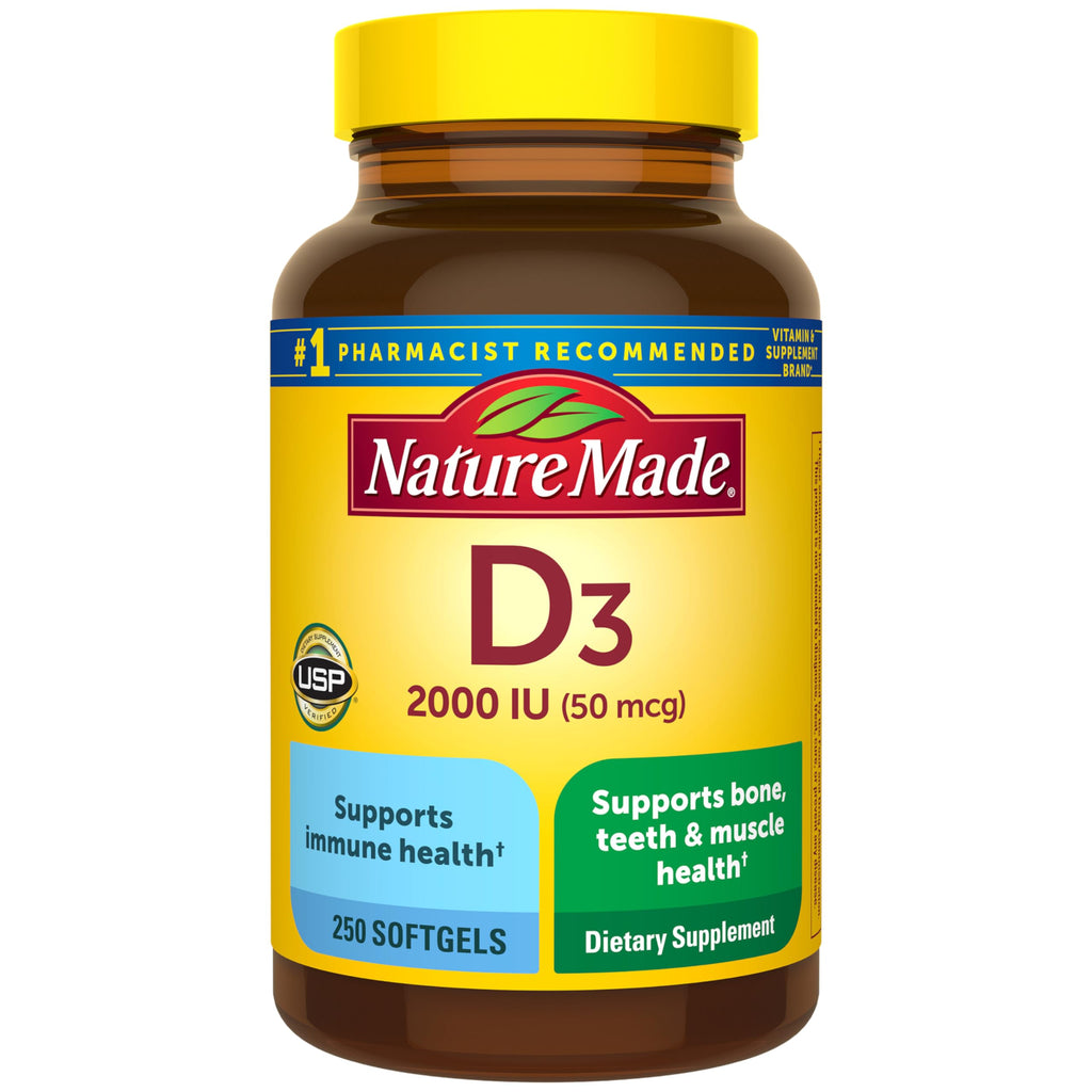 Nature Made Vitamin D3 2000 IU (50 mcg), 250 Vitamin D Softgels | Vitamin D Supplement for Immune, Bone, Teeth and Muscle Health Support, 250 Day Supply