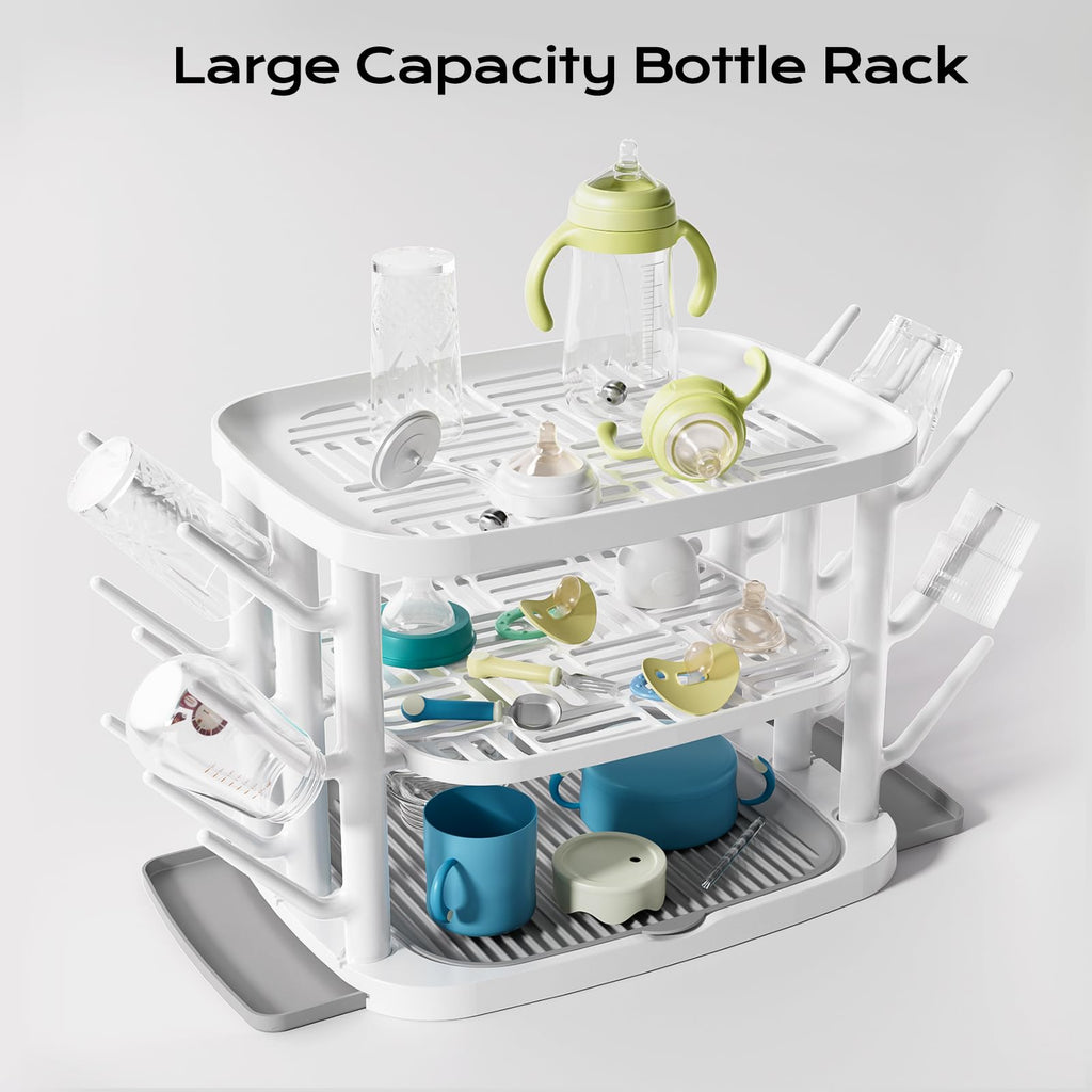 Baby Bottle Drying Rack,3-Tier Large Capacity Countertop Organizer with 360° Ventilation, Removable Drip Tray, Non-Slip Base – Easy to Clean Bottle Holder for Baby Accessories