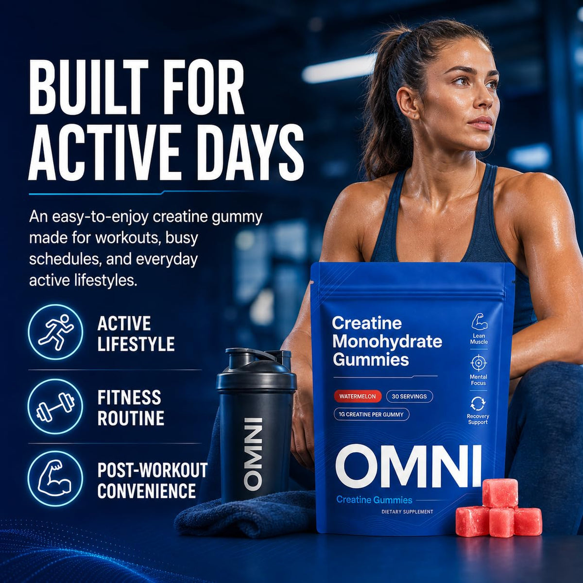 Omni Creatine Monohydrate Gummies for Women & Men, Convenient & Easy to Take, Great Tasting Watermelon Flavor, 1g per Gummy, Low Sugar, Watermelon Flavor