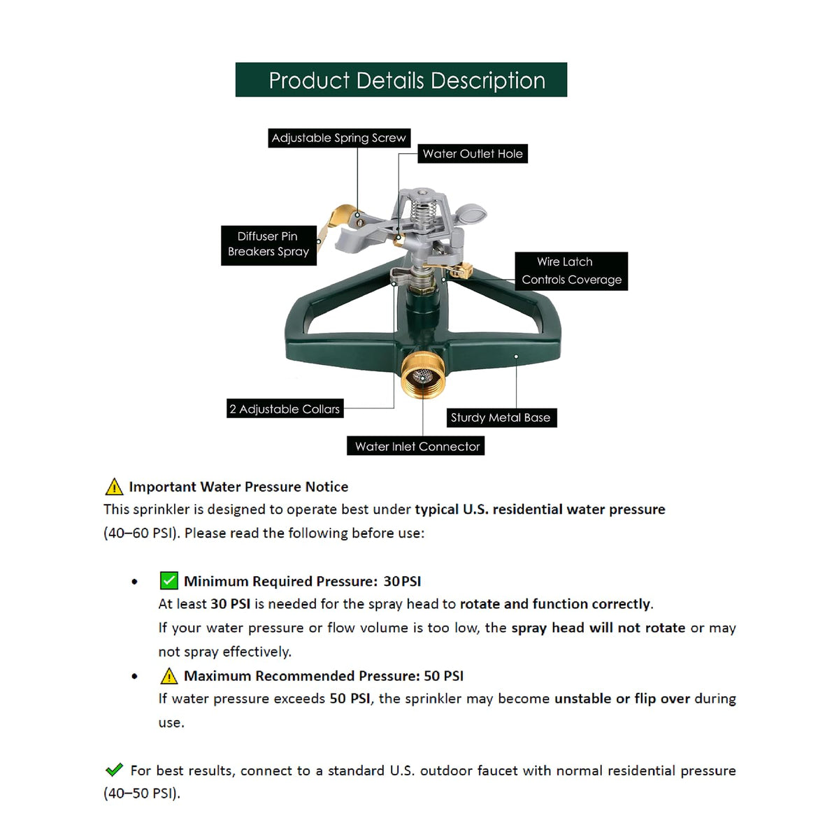 WEMADE Heavy Duty Metal Pulsating Sprinklers for Yard - 360 Degree Roating Automatic Water Sprinkler for Lawn with Metal Base, Impact Sprinklers for Large Area Covers Up to 85‘ Diameter
