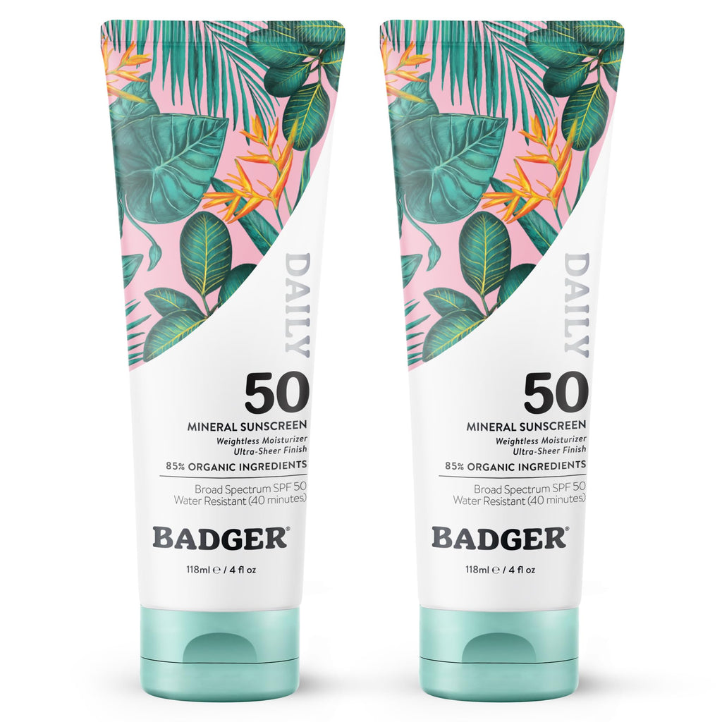 Badger Mineral Daily Sunscreen SPF 30, Zinc Oxide, Organic, 4 oz (2-Pack) | Lightweight, No White Cast, Moisturizing, Organic, Reef Safe, Vegan Unscented, Daily mineral sunscreen, Easy apply sunscreen