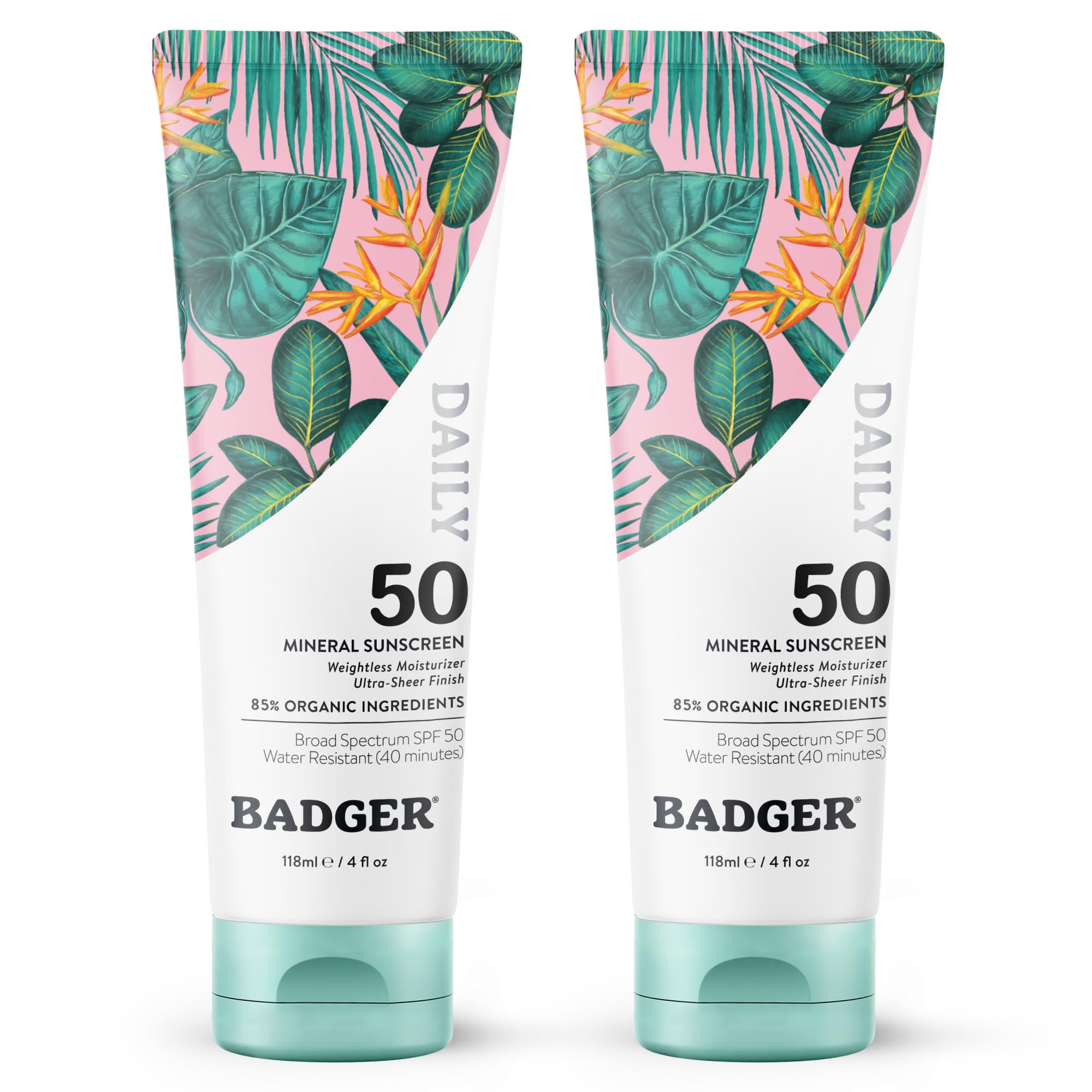 Badger Mineral Daily Sunscreen SPF 30, Zinc Oxide, Organic, 4 oz (2-Pack) | Lightweight, No White Cast, Moisturizing, Organic, Reef Safe, Vegan Unscented, Daily mineral sunscreen, Easy apply sunscreen