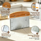 Versatile Bench Scraper with Wood Handle, Premium Stainless Steel Dough Scraper Cutter with 2 PCS Flexible Bowl Scraper for Pastry Bread Pizza, Kitchen Scraper Tool for Flat Top Griddle