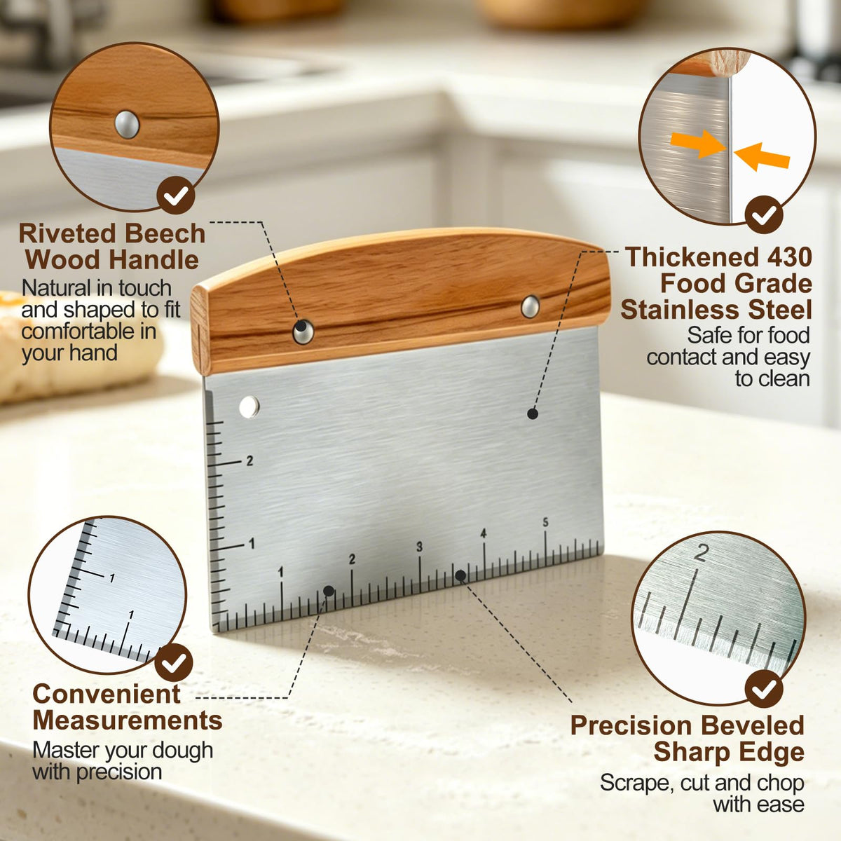 Versatile Bench Scraper with Wood Handle, Premium Stainless Steel Dough Scraper Cutter with 2 PCS Flexible Bowl Scraper for Pastry Bread Pizza, Kitchen Scraper Tool for Flat Top Griddle