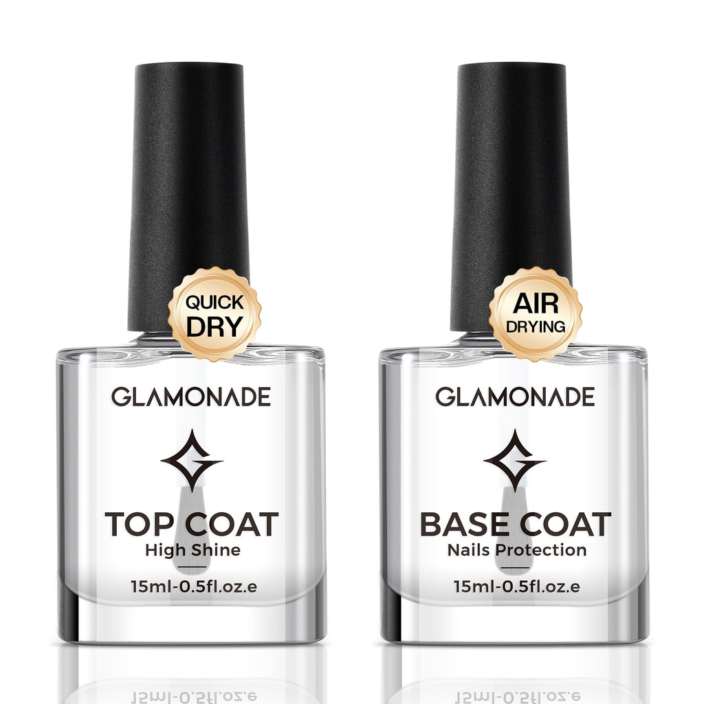 Glamonade Base Top Coat Nail Polish: Clear Quick Dry Nail Polish High Shine Long Lasting Glossy Regular Nail Lacquer Air Dry Fast Base Coat for Women Gift Nail Art Manicure Salon Quality