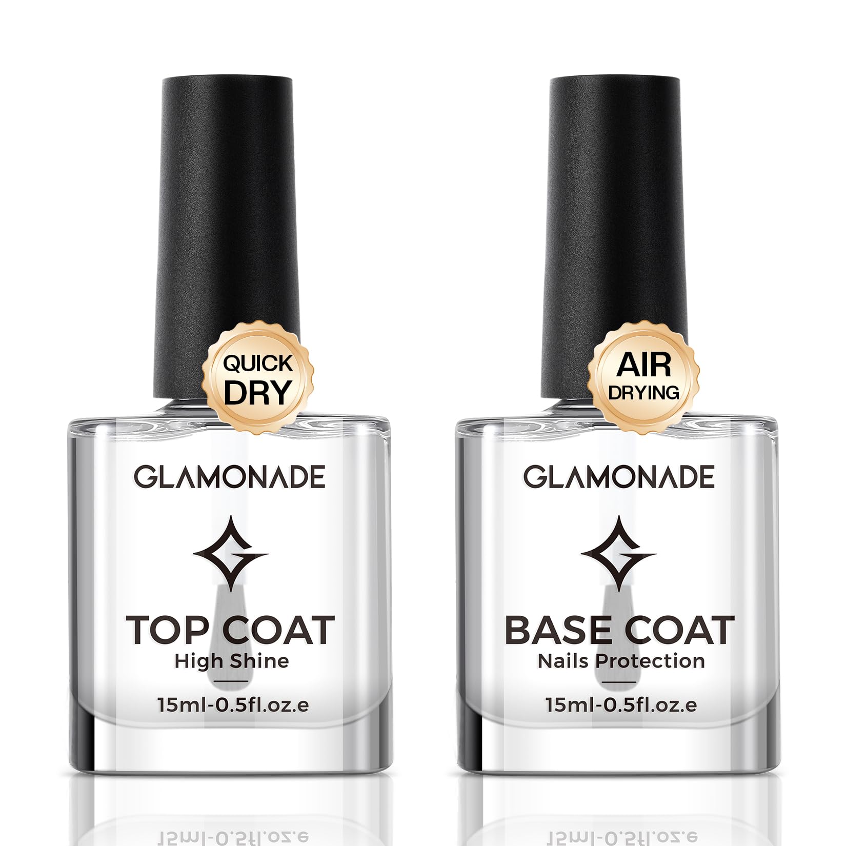 Glamonade Base Top Coat Nail Polish: Clear Quick Dry Nail Polish High Shine Long Lasting Glossy Regular Nail Lacquer Air Dry Fast Base Coat for Women Gift Nail Art Manicure Salon Quality