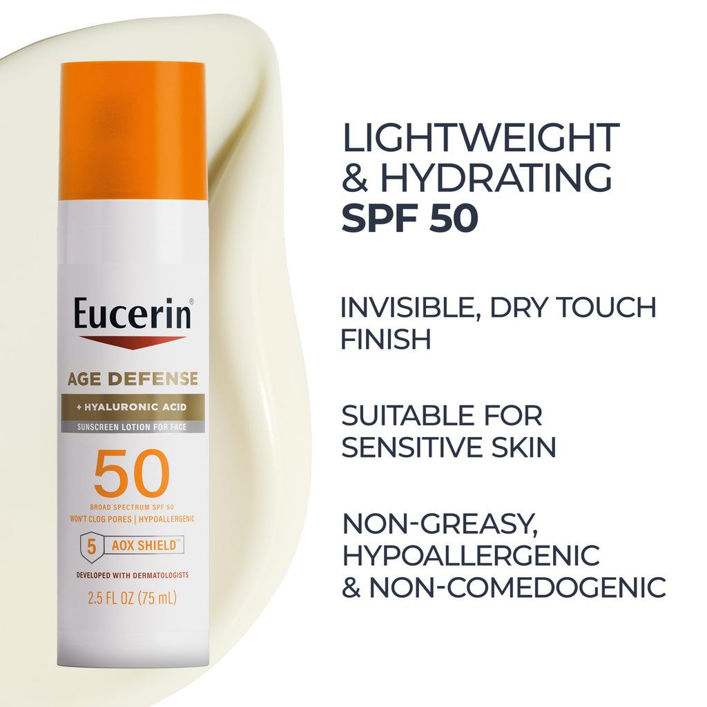 Eucerin Sun Age Defense Face Sunscreen Lotion SPF 50, 2.5 FL OZ | Face Sunscreen SPF 50 with Hyaluronic Acid for Age Defense, Invisible Finish, Hypoallergenic, Non-Comedogenic, Fragrance Free