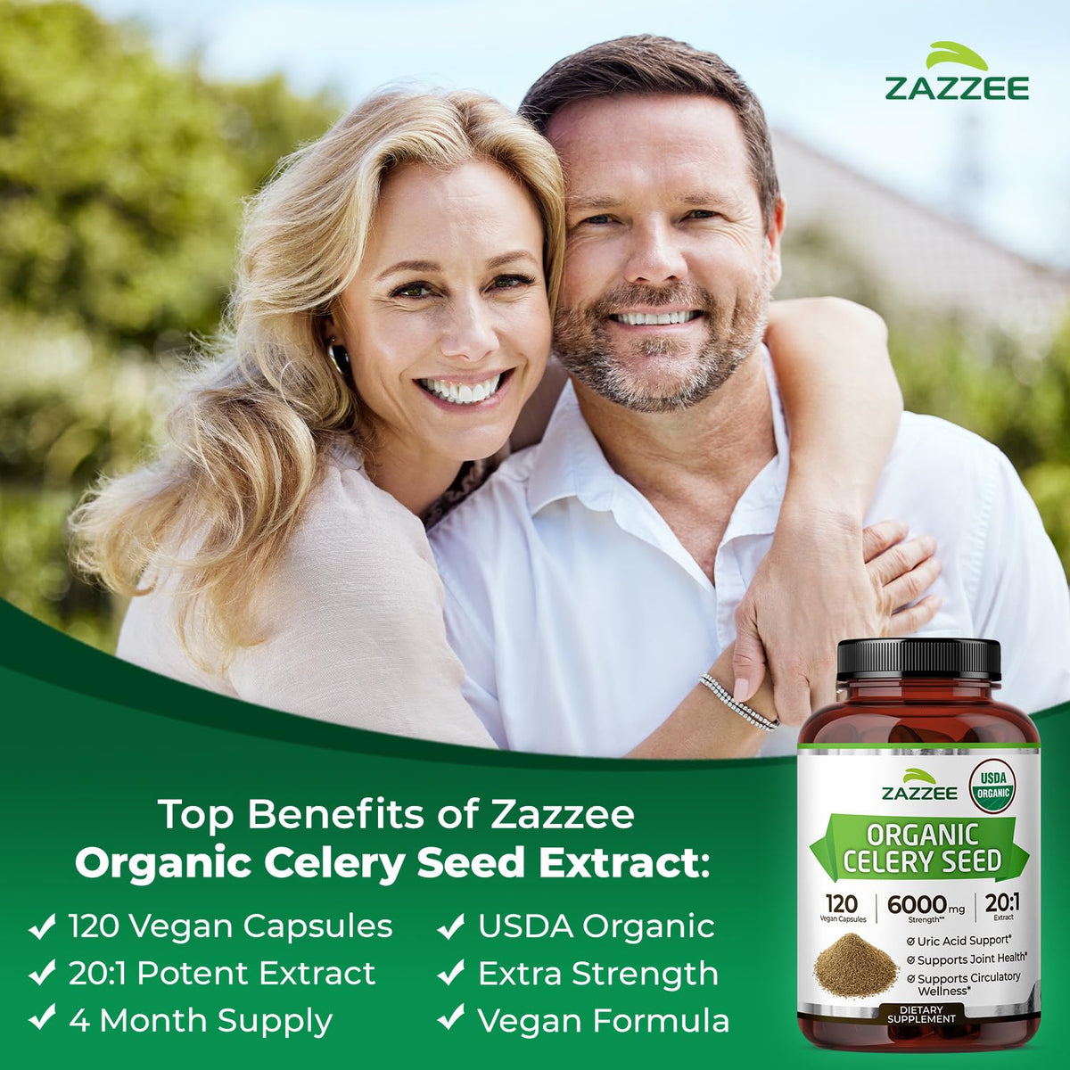 Zazzee USDA Organic Celery Seed 20:1 Extract, 120 Capsules, 4 Month Supply