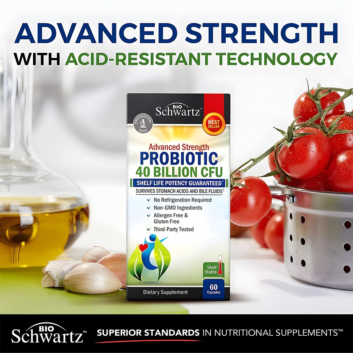 Probiotic 40 Billion CFU with Organic Prebiotics for Gut Health, 60 Count | Probiotics for Men and Women, Immune & Digestive Health Support with Lactobacillus from BioSchwartz, Non-GMO, Shelf Stable