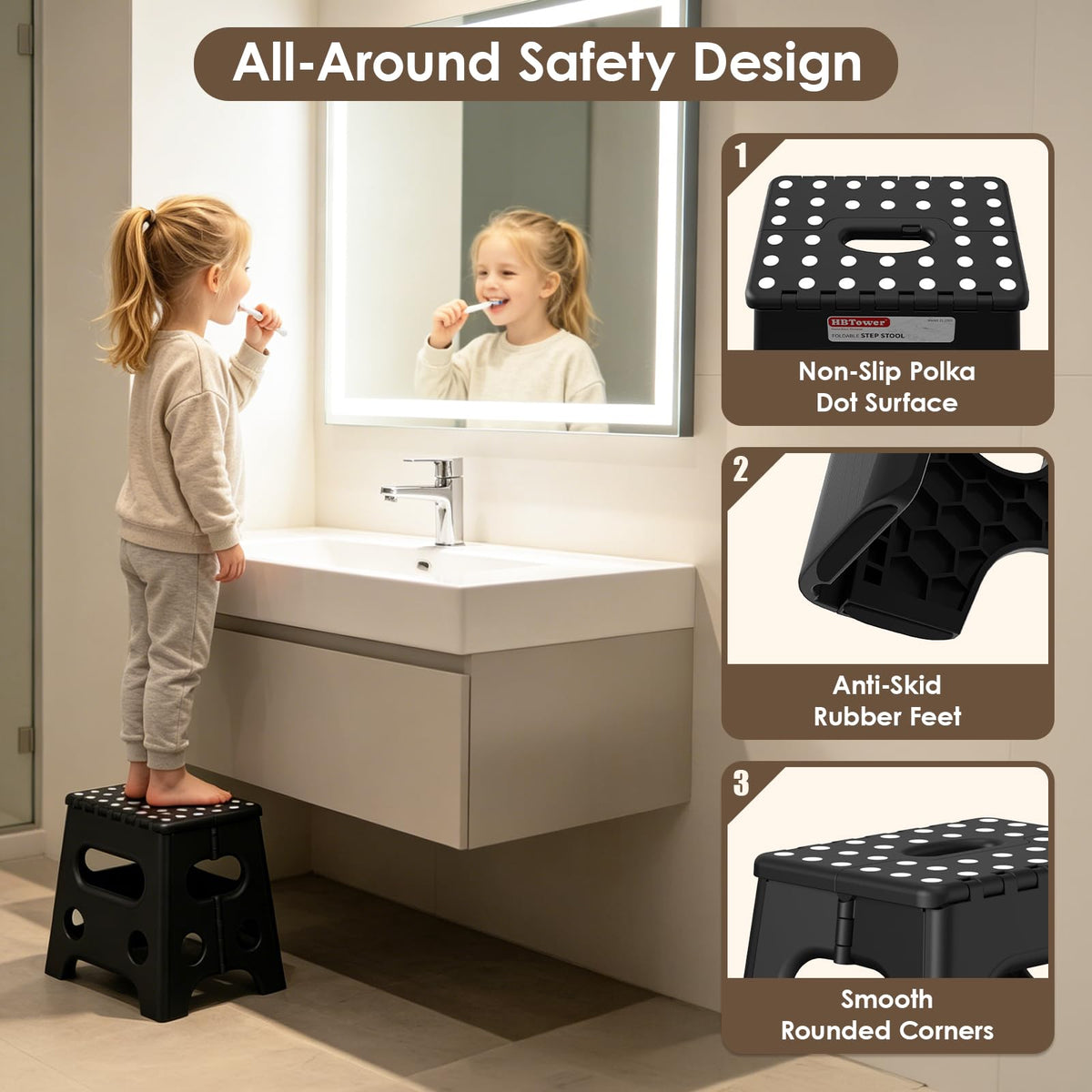 HBTower 13 Inch Folding Step Stool, 450LBS Capacity with Safety Lock, Black
