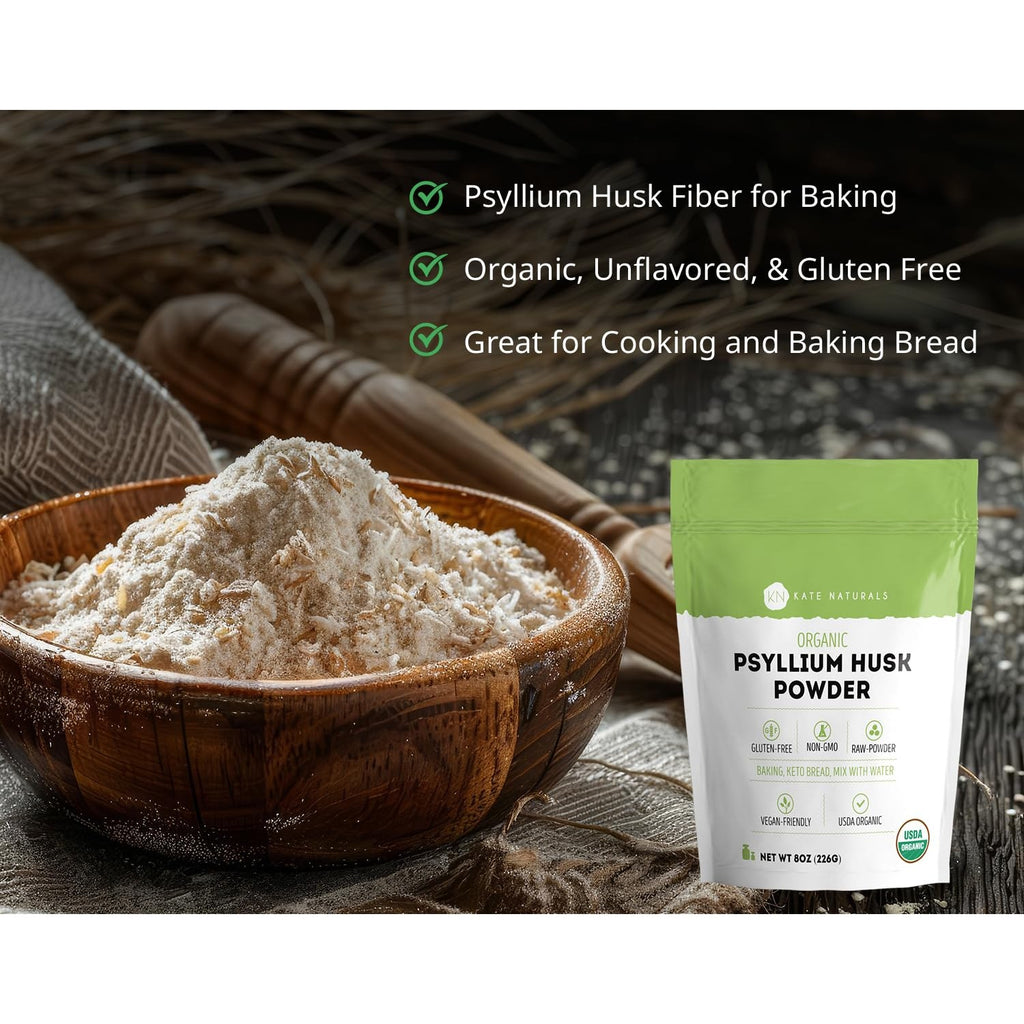 Kate Naturals Psyllium Husk Powder for Fiber and Baking Bread, 8oz | Organic, Gluten Free, Fine Ground, For Digestion, Mixes Easily with Juice & Smoothies