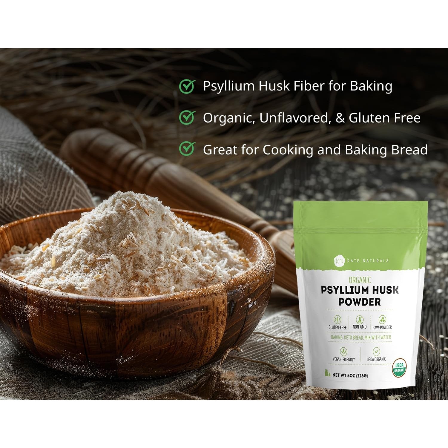 Kate Naturals Psyllium Husk Powder for Fiber and Baking Bread, 8oz | Organic, Gluten Free, Fine Ground, For Digestion, Mixes Easily with Juice & Smoothies