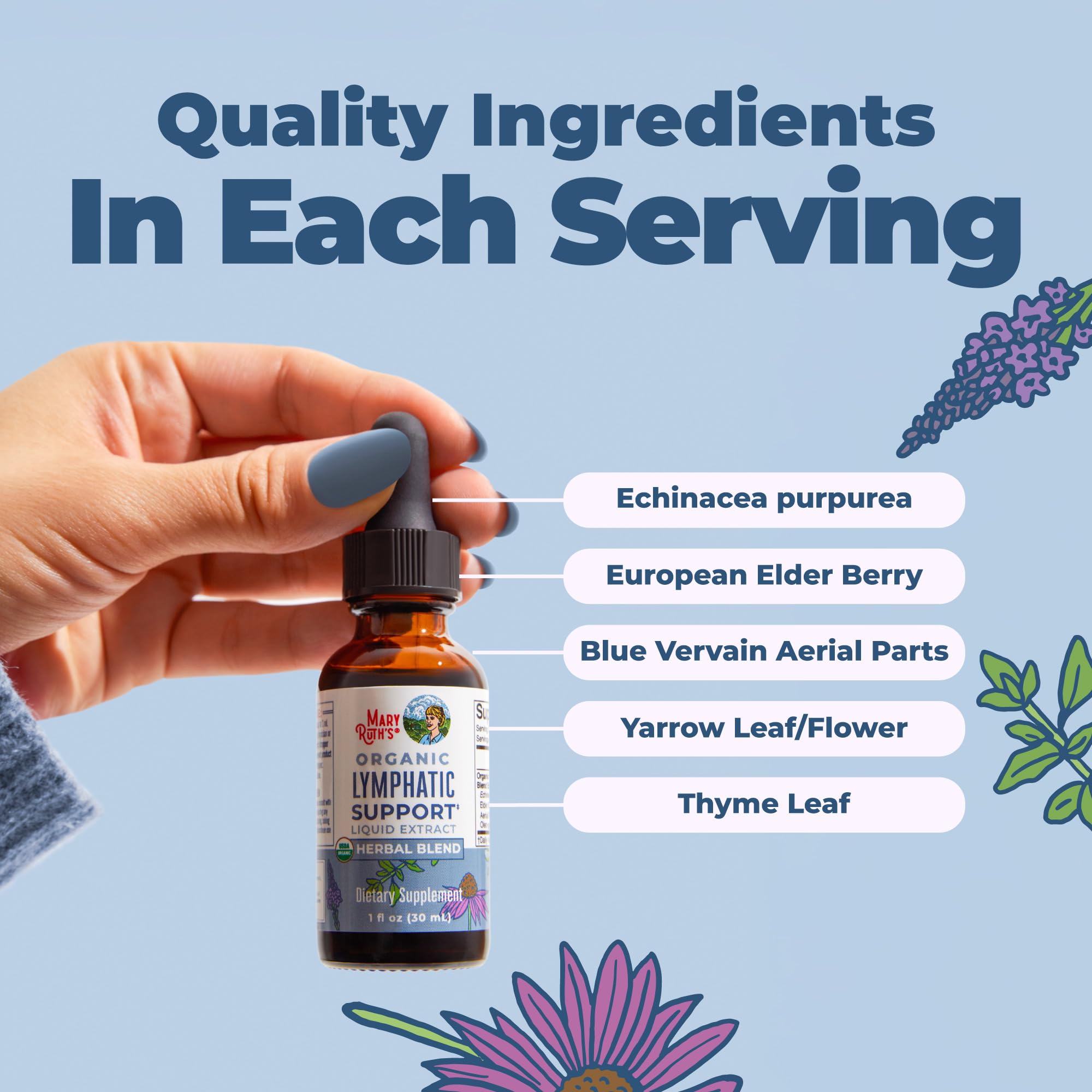 MARYRUTH'S Organic Lymphatic Support Liquid Drops, Herbal Blend, Non-GMO | USDA Organic, Herbal Blend with Echinacea & Elderberry, Blue Vervain, Vegan, Alcohol-Free, Non-GMO