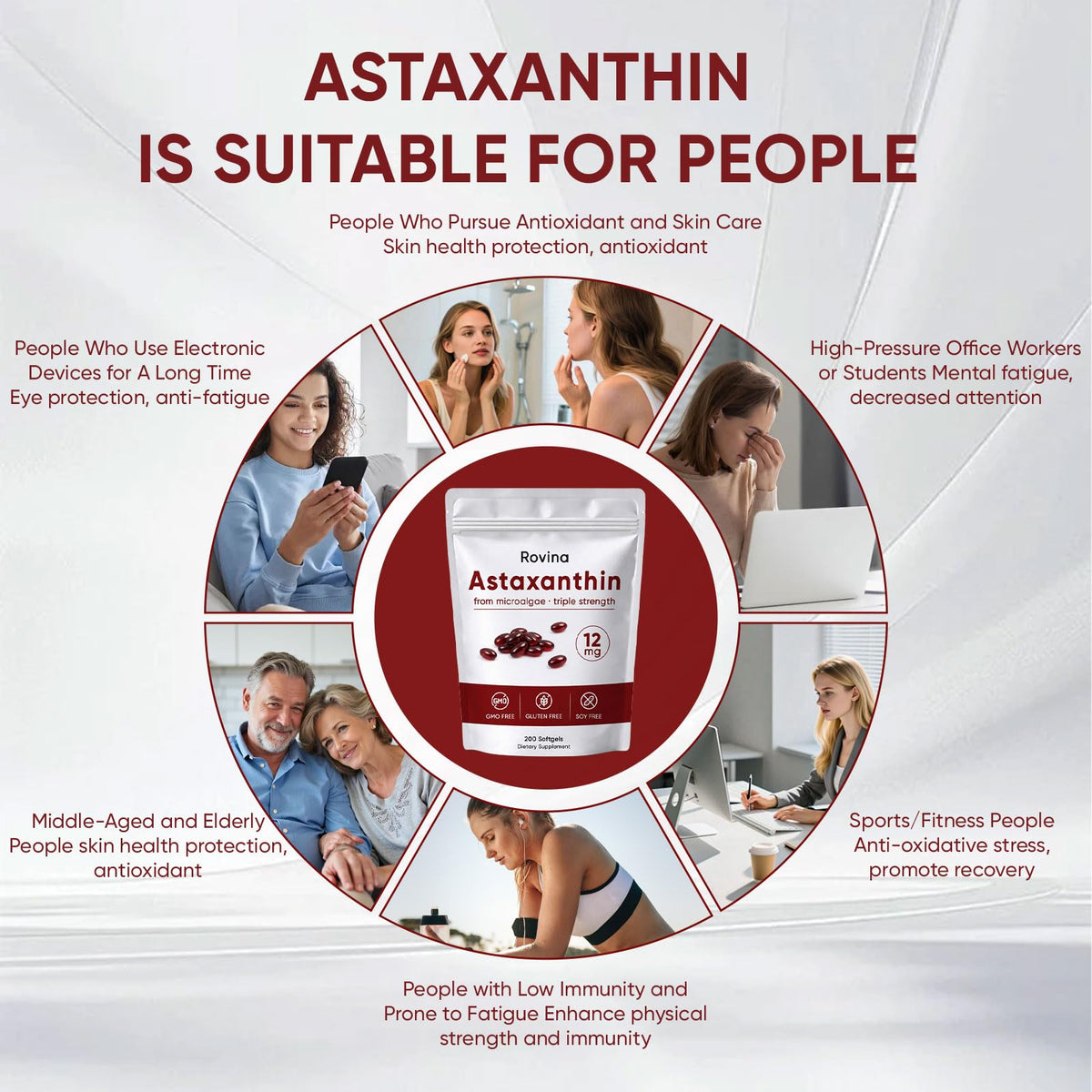 Rovina Astaxanthin 12mg Softgels - Premium Astaxanthin from Microalgae, Triple Strength, Immune Support - Non-GMO & Gluten Free 200 Softgels (1)