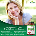 Zazzee USDA Organic Cranberry 25:1 Extract, 500 mg per Capsule, 60 Capsules | Vegan, 2 Month Supply, Certified Kosher, Vaccinium Macrocarpon, Non-GMO, Made in the USA