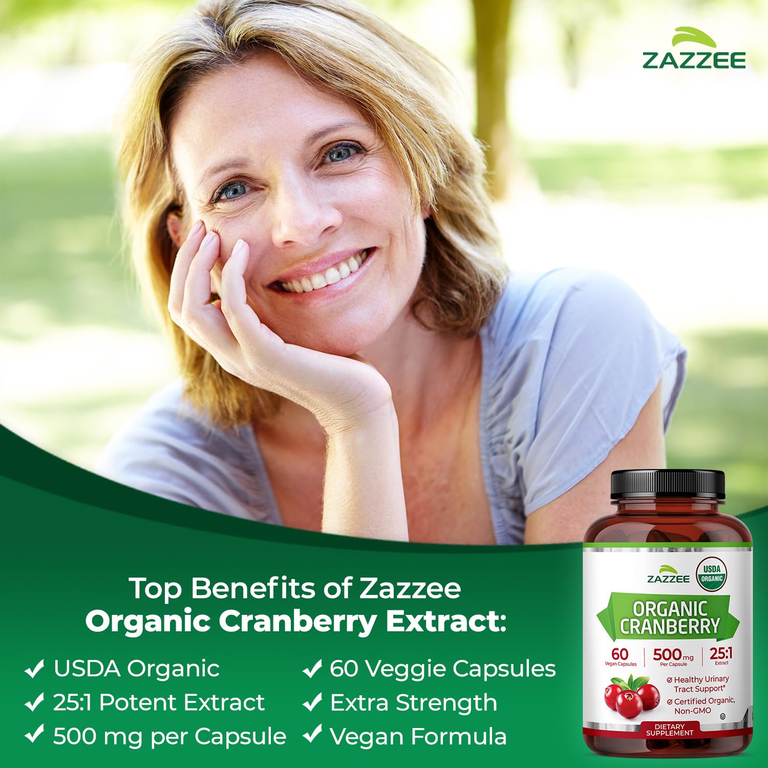 Zazzee USDA Organic Cranberry 25:1 Extract, 500 mg per Capsule, 60 Capsules | Vegan, 2 Month Supply, Certified Kosher, Vaccinium Macrocarpon, Non-GMO, Made in the USA