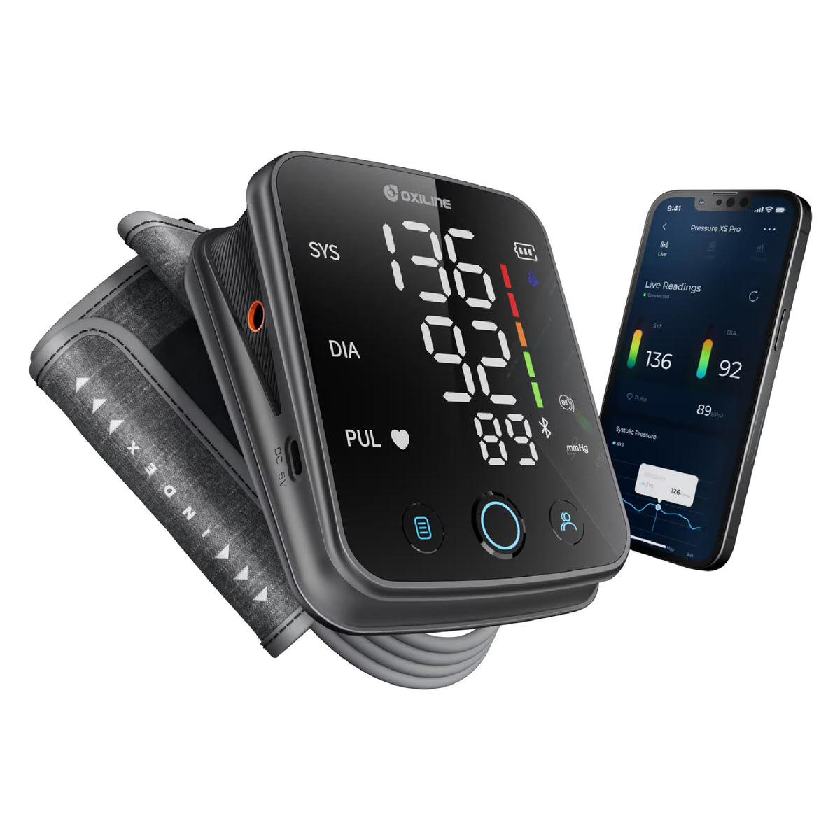 Pressure XS Pro Bluetooth Blood Pressure Monitor, Upper Arm BP Cuff 22–42 cm, Accurate Automatic Digital Systolic/Diastolic, Large Display, Mobile App Compatible for iOS & Android Devices