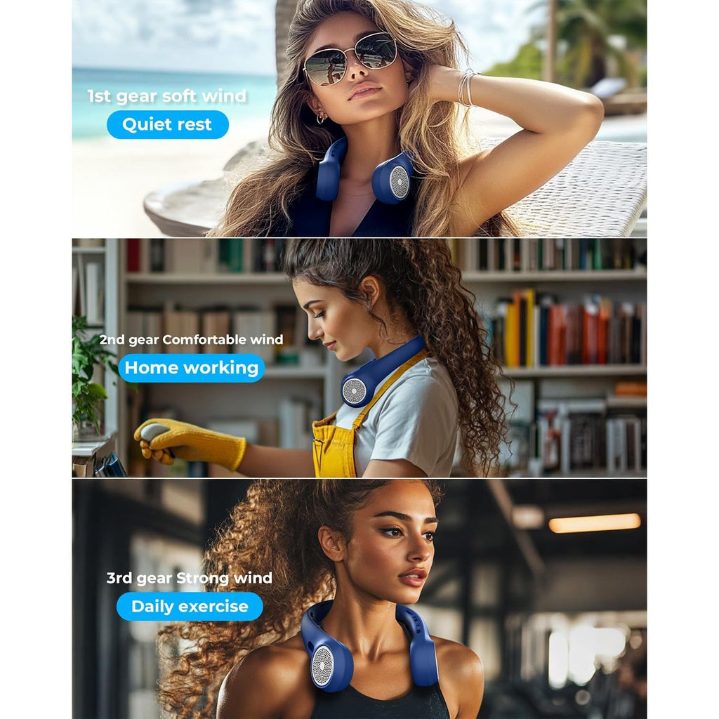 Buy now Portable Neck Fan, 4000mAh Rechargeable Bladeless Cooling Fan with 360° Airflow, 3-Speed Personal Cooler for Women Mom, Stylish Gift for Travel, Gym, Office, Blue at indiglob india