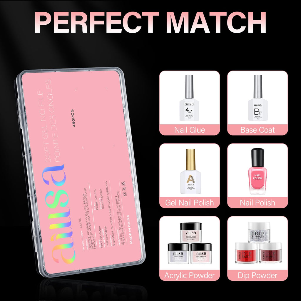 AILLSA 450PCS Short Almond Nail Tips set for perfect nail art. Order now for quick delivery in India!