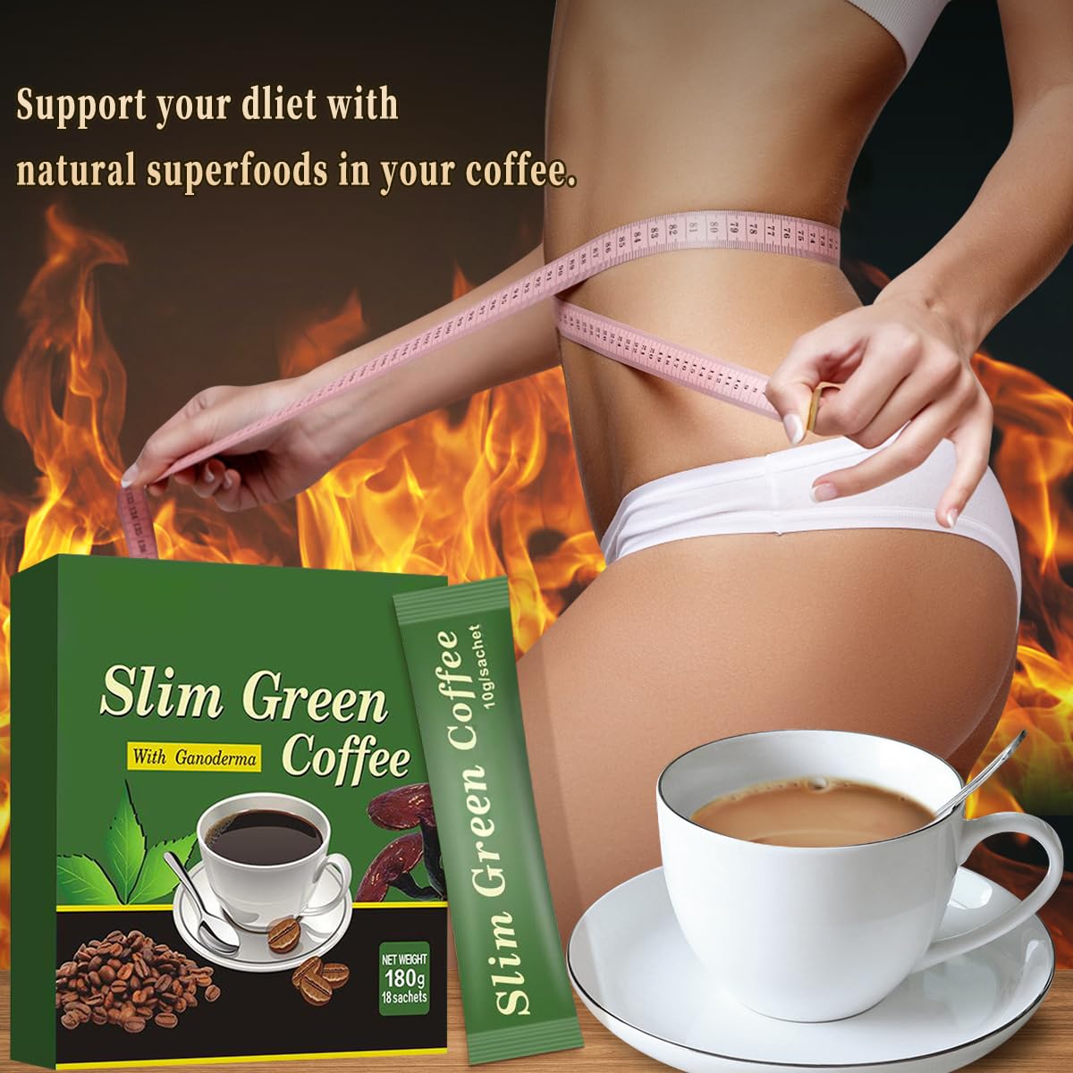Green Coffee Bean Extract Powder, Slim Green Coffee, 18 Sachets