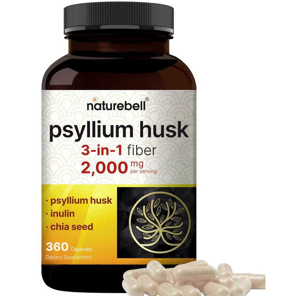 NatureBell Psyllium Husk Fiber Capsules 2,000mg Per Serving, 360 Caps | Soluble Fiber Supplement | 3-in-1 with Inulin & Chia Seed | Plant Based, Non-GMO, Gluten Free