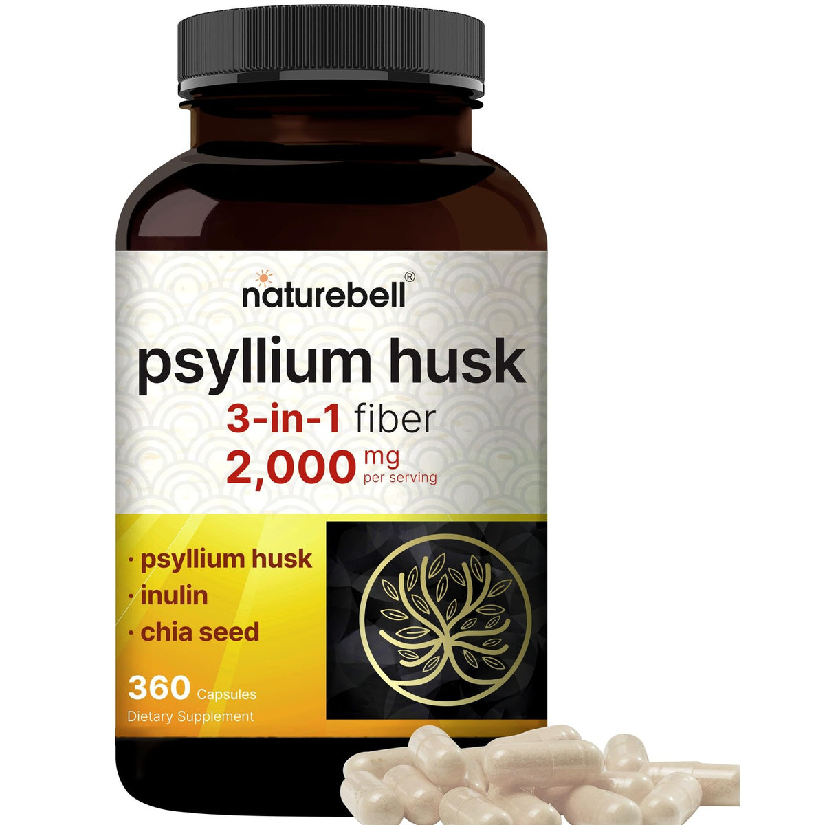 NatureBell Psyllium Husk Fiber Capsules 2,000mg Per Serving, 360 Caps | Soluble Fiber Supplement | 3-in-1 with Inulin & Chia Seed | Plant Based, Non-GMO, Gluten Free