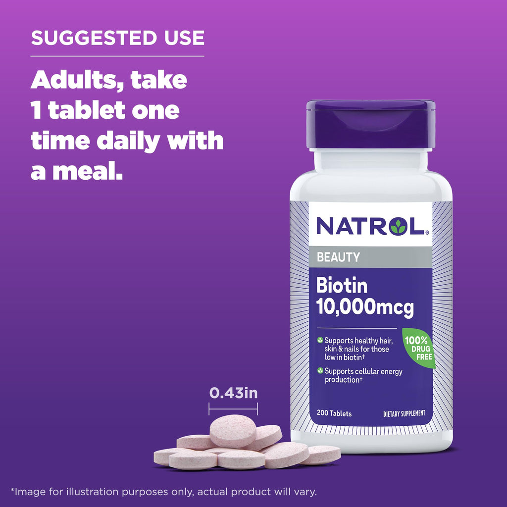 Natrol Biotin 10000mcg, for Healthy Hair, Skin & Nails, 200 Tablets | Support Healthy Hair, Skin and Nails for Those Low in Biotin, Support Healthy Carbohydrate, Fat & Protein Metabolism