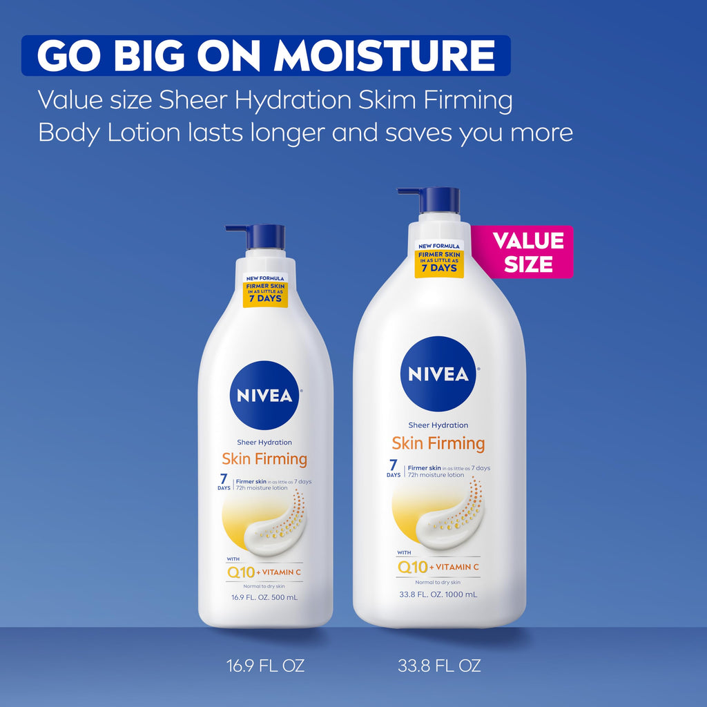 NIVEA Sheer Hydration Skin Firming Body Lotion, 33.8 FL OZ | Skin Firming Body Lotion with Q10 and Vitamin C, 72-Hour Moisturizing Lotion For Normal to Dry Skin, Paraben Free
