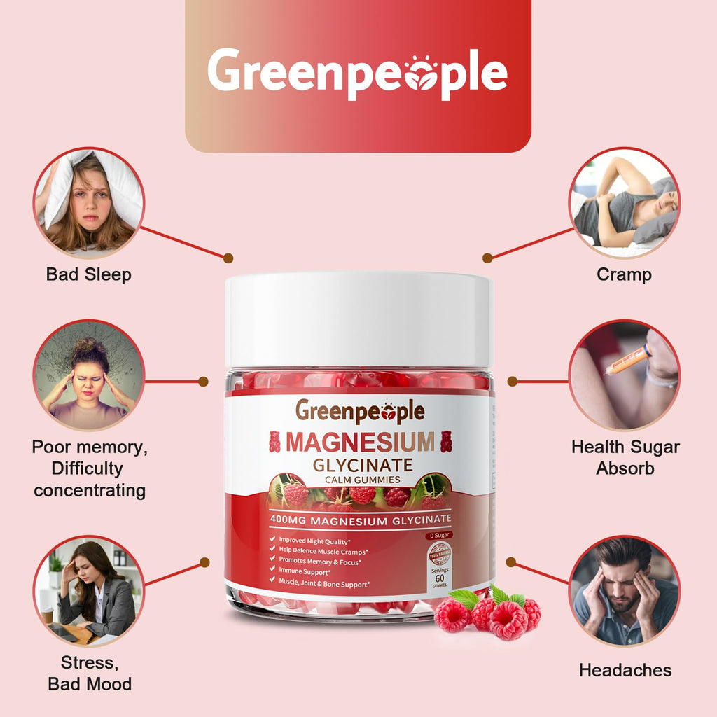 GREENPEOPLE Magnesium Glycinate Gummies 400mg, Sugar Free | Chelated High Absorption Complex with Magnesium Citrate for Calm, Sleep & Stress Support for Adults Raspberry, 120ct