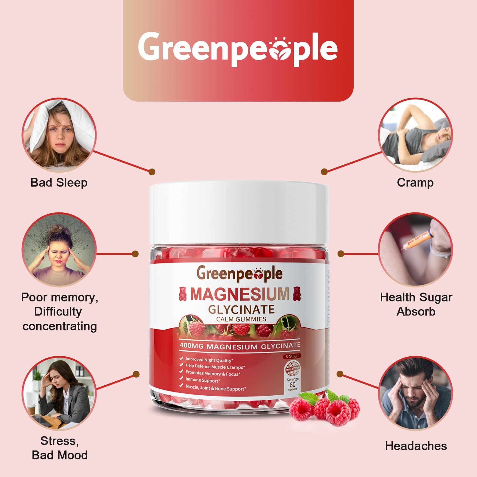 GREENPEOPLE Magnesium Glycinate Gummies 400mg, Sugar Free | Chelated High Absorption Complex with Magnesium Citrate for Calm, Sleep & Stress Support for Adults Raspberry, 120ct