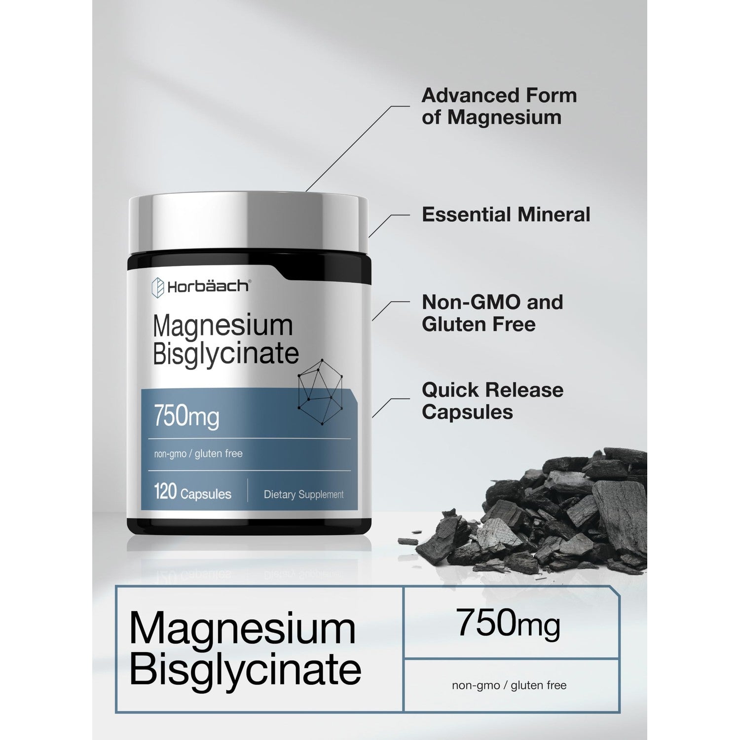 Horbäach Magnesium Bisglycinate | 120 Capsules | 750mg | Non-GMO and Gluten Free Supplement