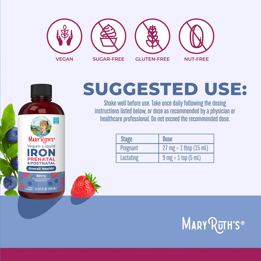 MaryRuth's Prenatal & Postnatal Iron Liquid, Sugar Free, Vegan, 15.22 Fl Oz | Bioavailable Ferrochel, Red Blood Cell Production, Sugar Free, Vegan, Non-GMO