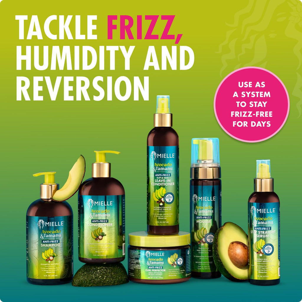 Mielle Organics Avocado & Tamanu Curly Hair Mousse - Anti Frizz Hair Foam for Curly, Wavy, Coily Styles - Medium Hold Styling to Define & Control for a Soft, Natural Shine Finish (7.5oz)