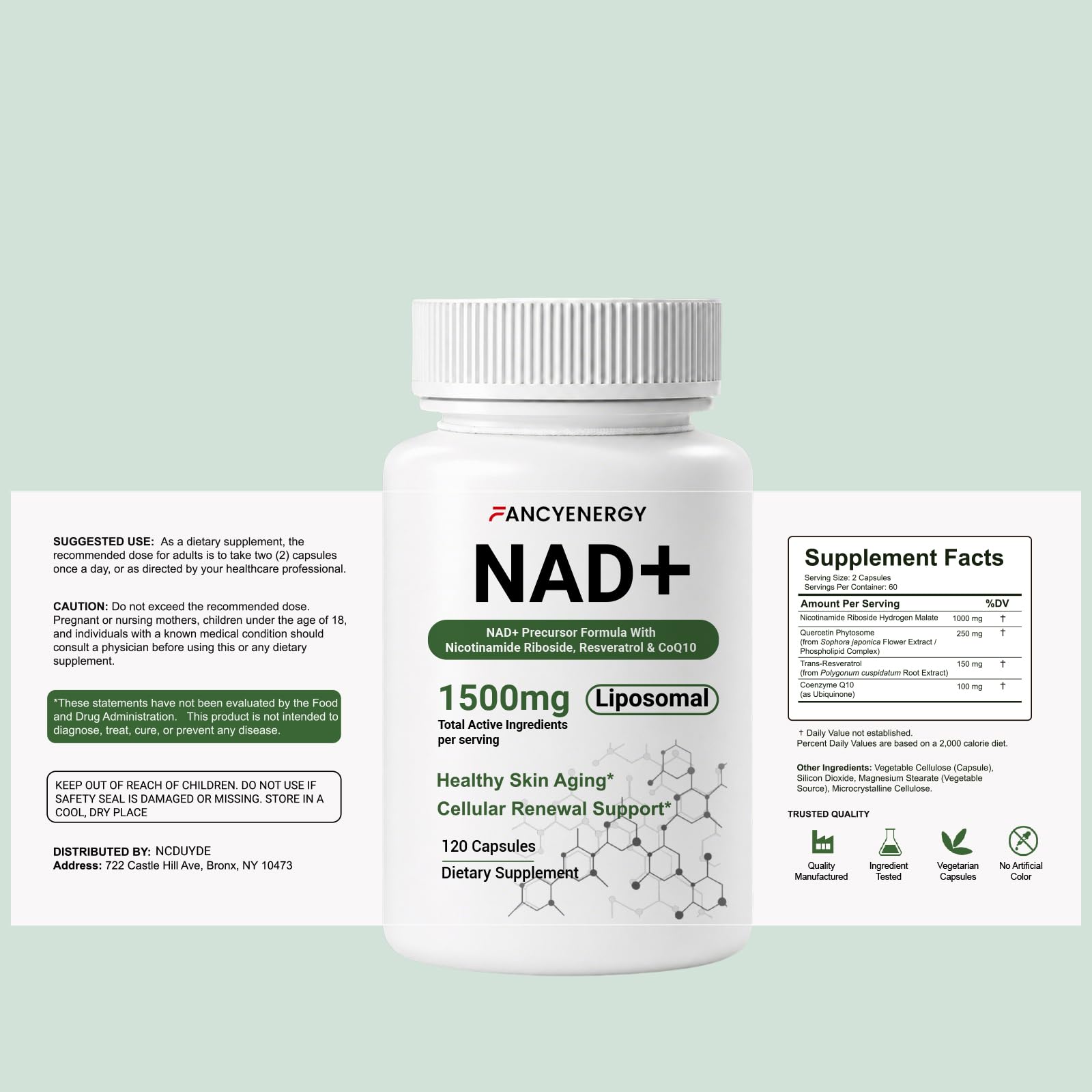 NAD+ Supplement, Liposomal NAD Nicotinamide Riboside Resveratrol 1500 mg - Anti-Aging & Brain Health, Improve Energy - Specifically for Women and Men, 120 Cout