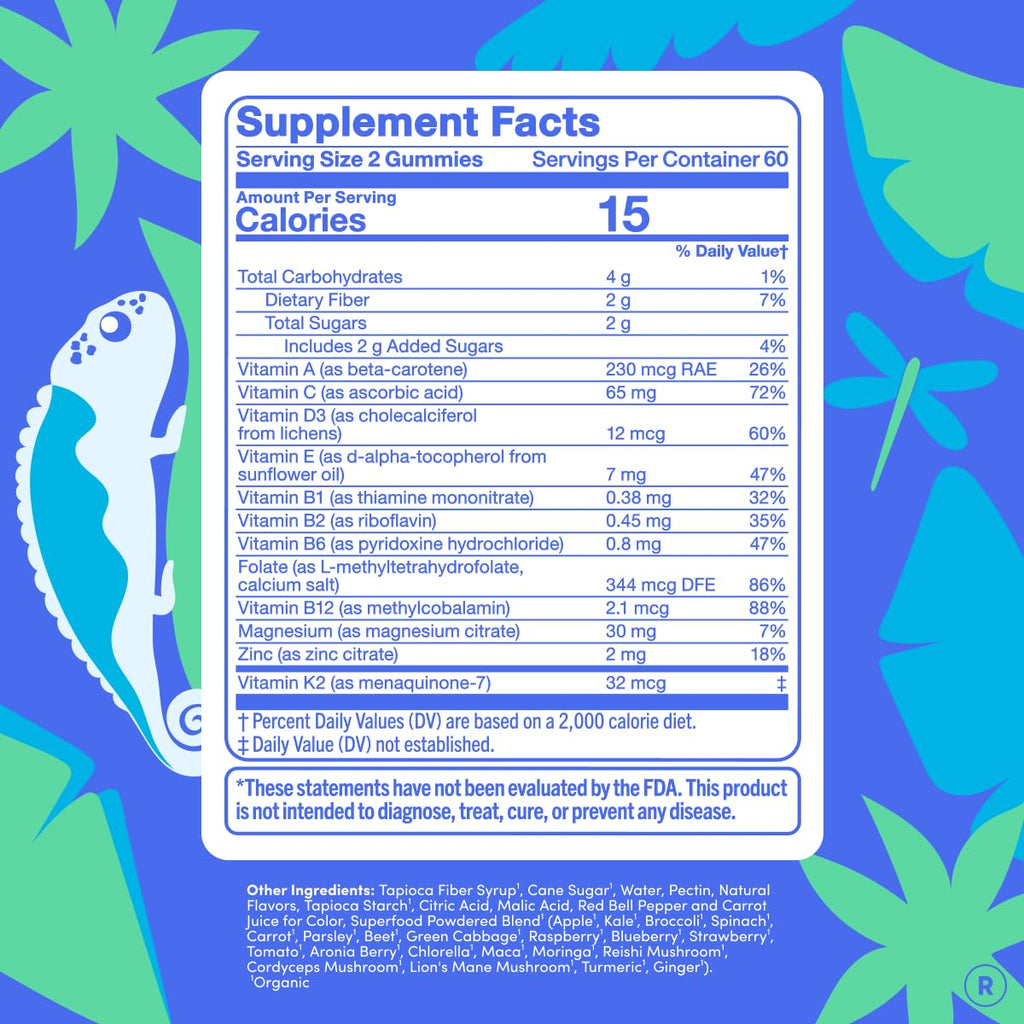 FIRST DAY Vitamins for Teens - Teen Multi Vitamins for Girls & Boys 12-17, Organic Fruit & Veggie Blend - 12 Key Nutrients: Vitamins A, B1, B2, B6, B9, B12, C, D3, E, K2-60 Day Supply